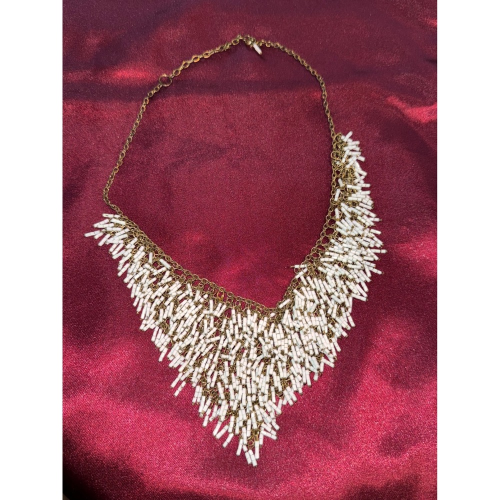 Vintage 1930s Art Deco White Bugle Bead Bib Fringe Necklace Brass Tone Chain